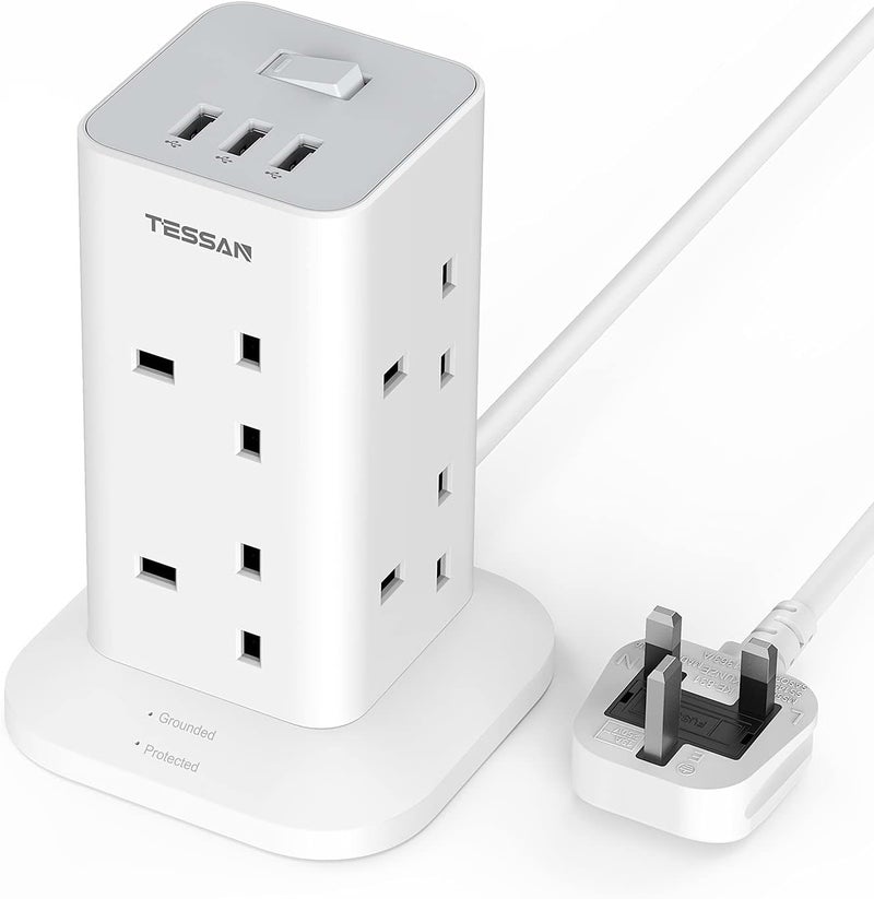 تيسان سلك تمديد برج مع 3 منافذ USB، برج تمديد متعدد المقابس 8 طرق، سلك تمديد مع حماية من زيادة التيار ومفتاح، شريط طاقة برج مقبس مع كابل 2 متر للمنزل والمستلزمات المدرسية - Image 1