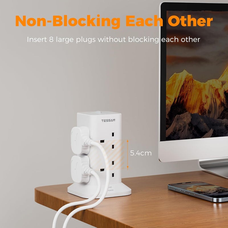 تيسان سلك تمديد برج مع 3 منافذ USB، برج تمديد متعدد المقابس 8 طرق، سلك تمديد مع حماية من زيادة التيار ومفتاح، شريط طاقة برج مقبس مع كابل 2 متر للمنزل والمستلزمات المدرسية - Image 4