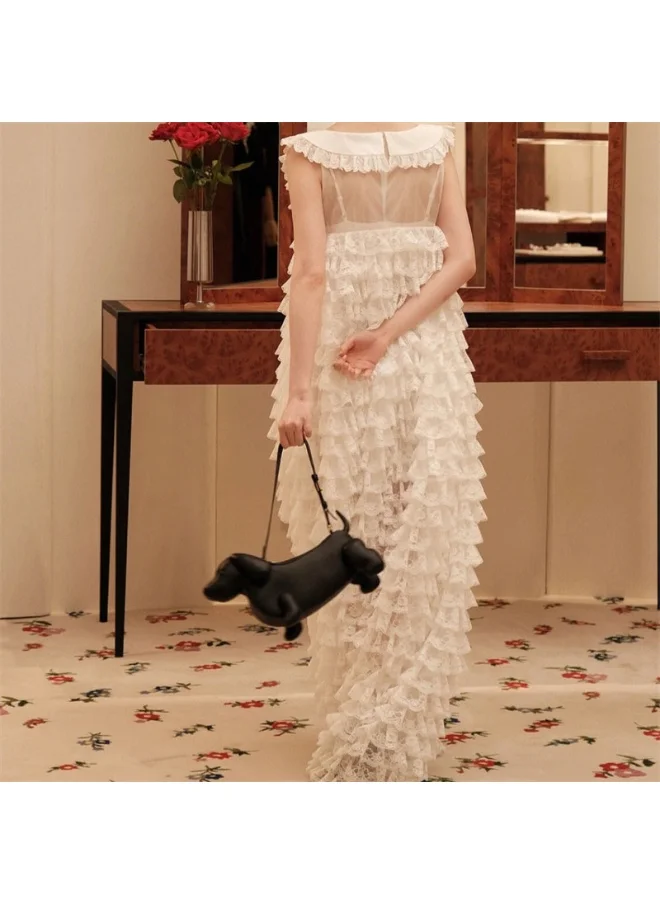 Madam Uniq Sweet Lace Sleeveless Round Neck Tiered Cake Maxi Dress