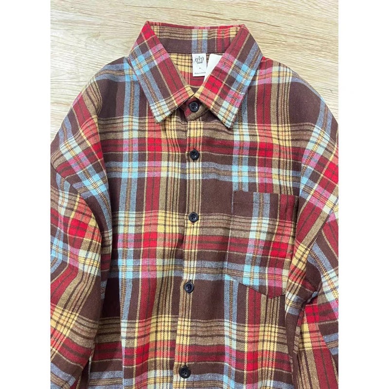 Hong Kong Style Chic Pair Plaid Shirt Womens 2024 Spring and Autumn Loose All-match Slimming Small Long-sleeved Top 711#Red plaid [ready stock, fast delivery, high quality]