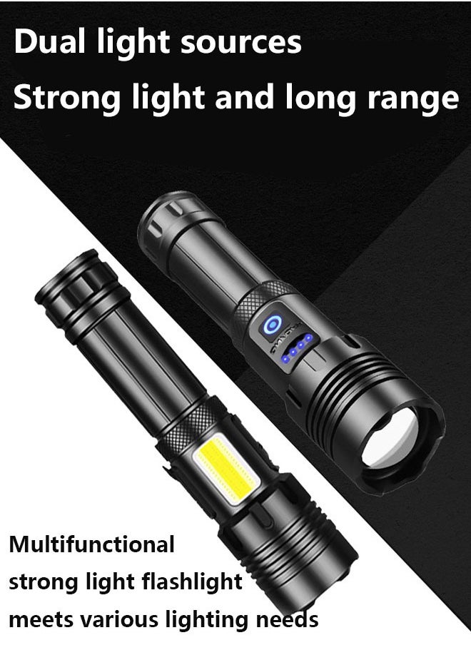 Rechargeable flashlight with P70 strong light core, COB side light, most powerful 26650 battery, 7 light sources, suitable for emergency, camping