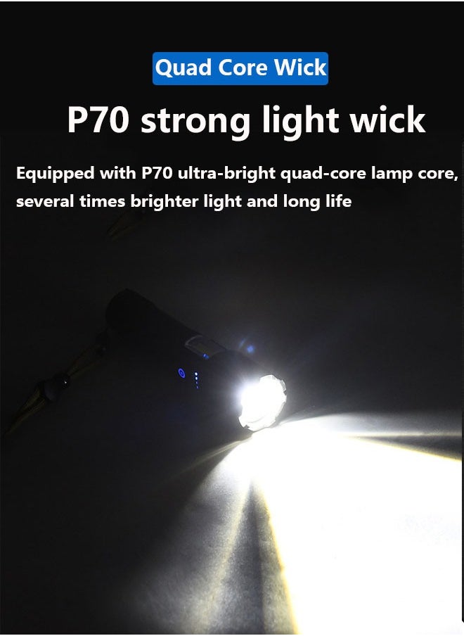 Rechargeable flashlight with P70 strong light core, COB side light, most powerful 26650 battery, 7 light sources, suitable for emergency, camping