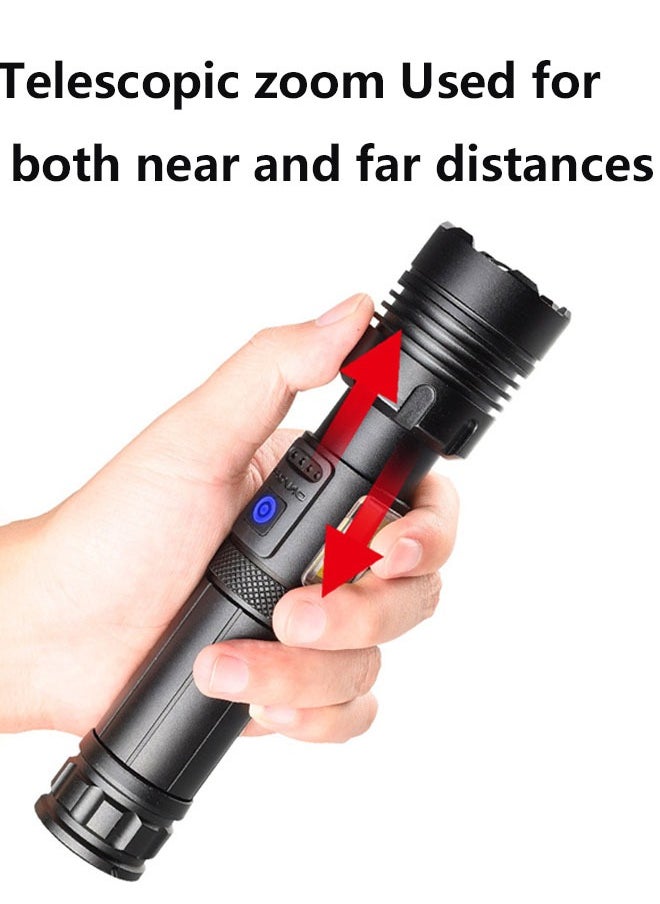 Rechargeable flashlight with P70 strong light core, COB side light, most powerful 26650 battery, 7 light sources, suitable for emergency, camping