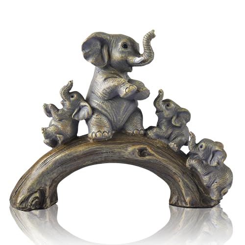 FriyGardcn Cute Yellow Elephant Statues Home Décor The Good Luck Elephant and Her Three Children are Playing on a Log Bridge Good Gifts for Women Decoration for Living Room, Bedroom, Office - Image 1