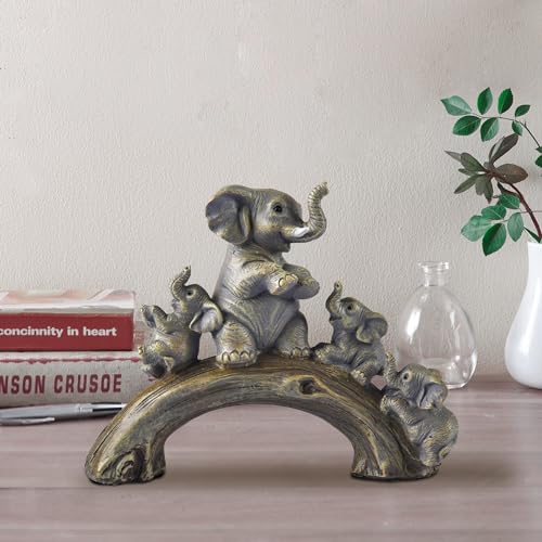 FriyGardcn Cute Yellow Elephant Statues Home Décor The Good Luck Elephant and Her Three Children are Playing on a Log Bridge Good Gifts for Women Decoration for Living Room, Bedroom, Office - Image 2