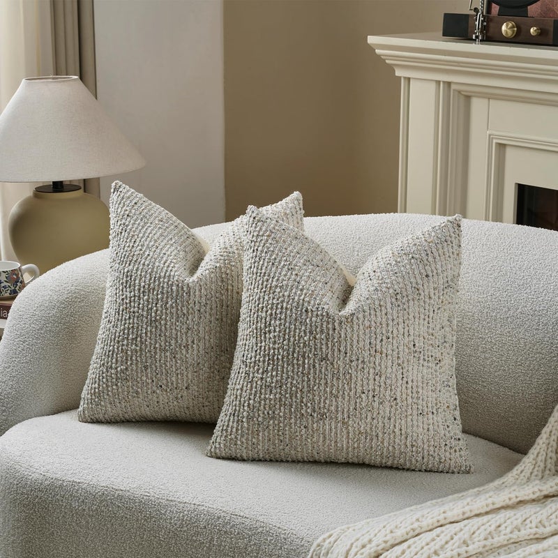 DEZENE Striped Throw Pillow Covers 18x18 Set of 2 Cream Grey Textured Boucle Chic Morden Boho Accent Farmhouse Square Decorative Couch Pillow Covers for Home Decor Bed Sofa Living Room - Image 5