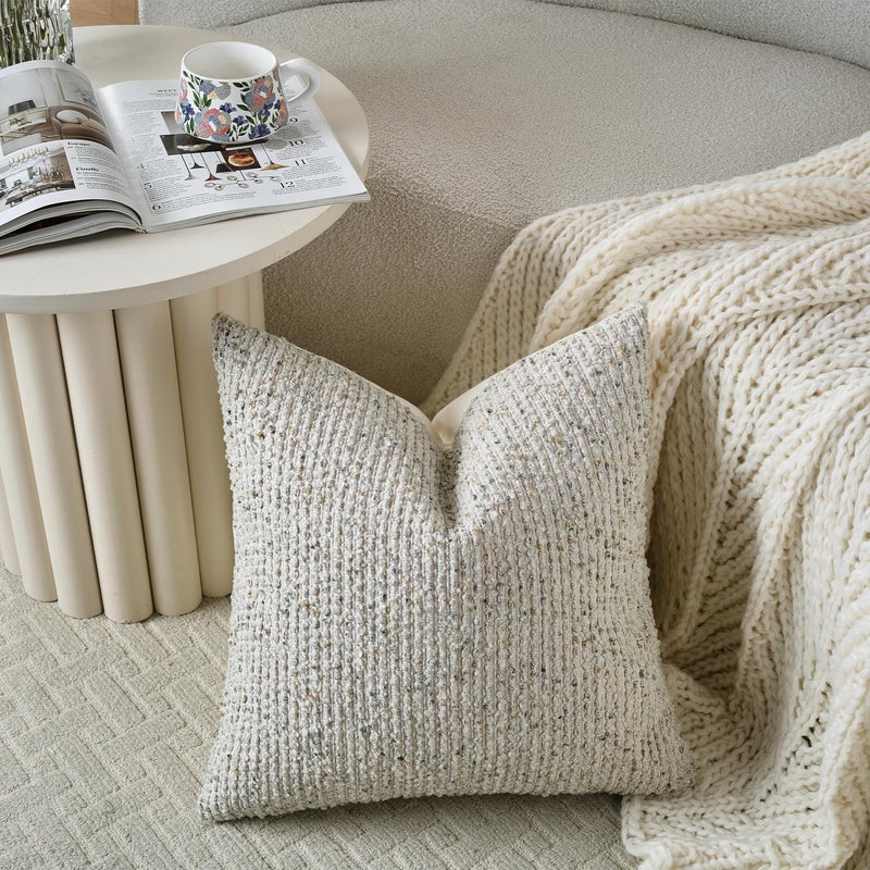 DEZENE Striped Throw Pillow Covers 18x18 Set of 2 Cream Grey Textured Boucle Chic Morden Boho Accent Farmhouse Square Decorative Couch Pillow Covers for Home Decor Bed Sofa Living Room - Image 4