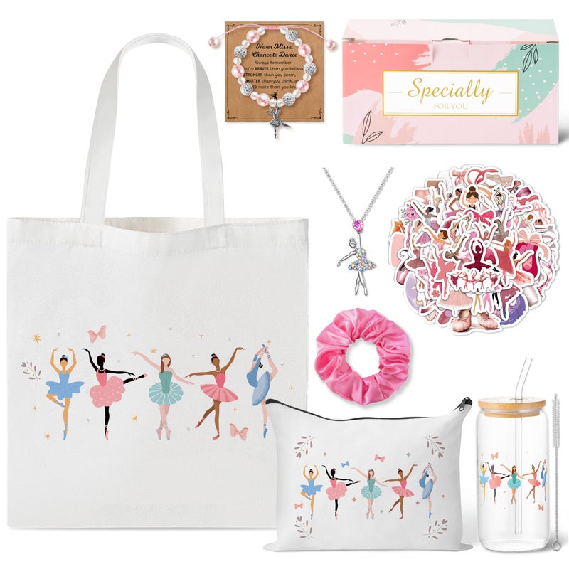 Y1tvei Ballerina Gift Set for Dancing Girls- 71Pcs Ballet Canvas Tote Bag Makeup Pouch Stickers Bracelet Necklace Pink Hairband Glass Cup, Christmas Birthday Galentine's Gifts for Dance Lover Women - Image 1