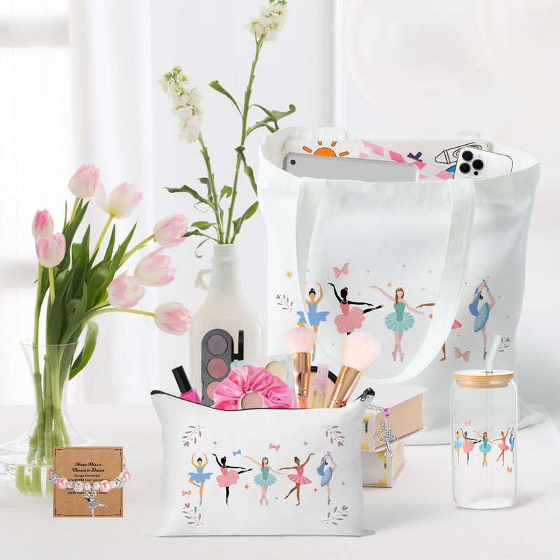Y1tvei Ballerina Gift Set for Dancing Girls- 71Pcs Ballet Canvas Tote Bag Makeup Pouch Stickers Bracelet Necklace Pink Hairband Glass Cup, Christmas Birthday Galentine's Gifts for Dance Lover Women - Image 3