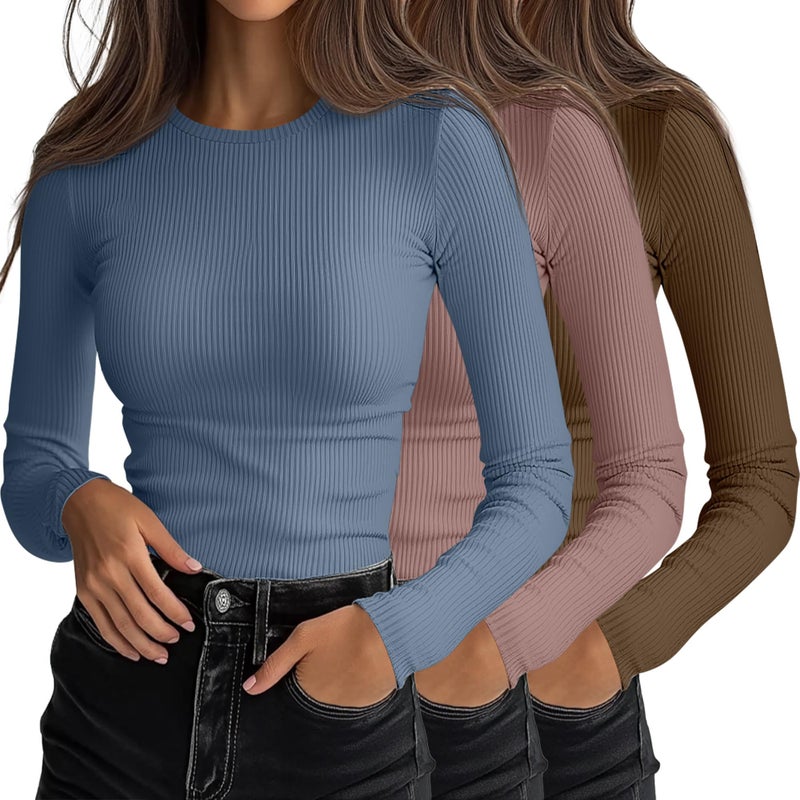 Ficerd 3 Pack Womens Ribbed Long Sleeve Tops Crew Neck Slim Fit Undershirts Knit Basic Casual Stretch Layering Tee ShirtsLight Haze Blue Red Bean Paste Cold BrownSmall - Image 2