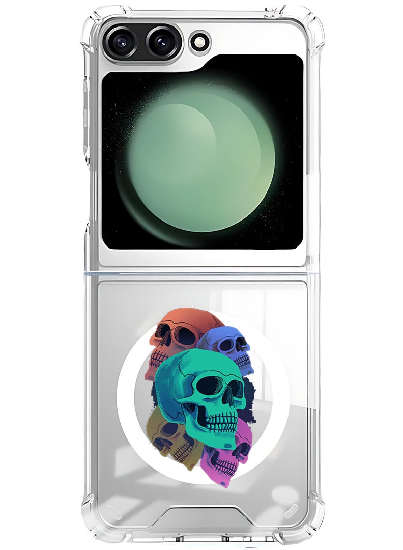 Theodor Magnetic Case for Samsung Galaxy Z Flip 5 Compatible with MagSafe Wireless Charging, Shockproof Phone Bumper Cover Colourful Skull - Image 1