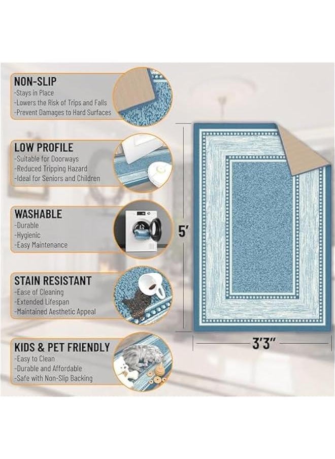 Arabest - 3x5 Blue Traditional Area Rug with Non-Slip Rubber Backing, Machine Washable and Bordered Design for Living Room, Bedroom, Kitchen. - Image 1