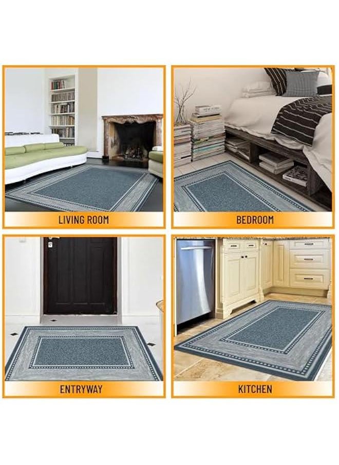Arabest - 3x5 Blue Traditional Area Rug with Non-Slip Rubber Backing, Machine Washable and Bordered Design for Living Room, Bedroom, Kitchen. - Image 1
