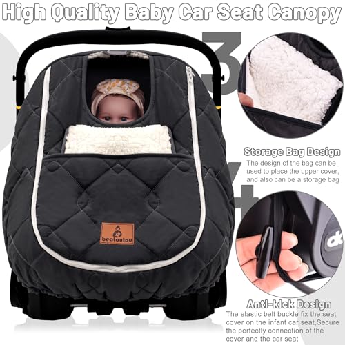 beatoutou Winter Carseat Cover for Baby,Waterproof Baby Car Seat Cover Compatible with Doona Car Seat and Stroller，Winter Infant Carseat Canopy, Keeps Babies Warm and Cozy (Black) - Image 4