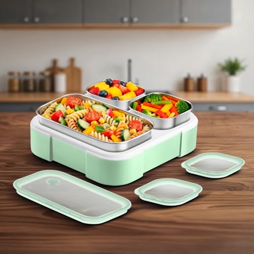 VAYA Tydbyt Stainless Steel Lunch Box for School Boys & Girls, 650 ml, 3 Containers, Bento Box for Adults, Slim Compact & Travel Friendly, Safe & BPA-Free Materials, Winter Mint - Image 2