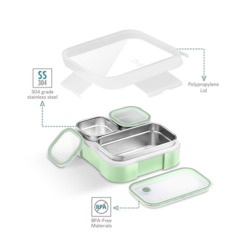 VAYA Tydbyt Stainless Steel Lunch Box for School Boys & Girls, 650 ml, 3 Containers, Bento Box for Adults, Slim Compact & Travel Friendly, Safe & BPA-Free Materials, Winter Mint - Image 4