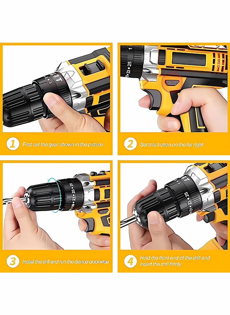 WEMART 48V Cordless Drill Power Supply, Cordless Drill with 2 Li-Ion Batteries and Charger, Variable Speed ​​Drill, Yellow  - Image 3