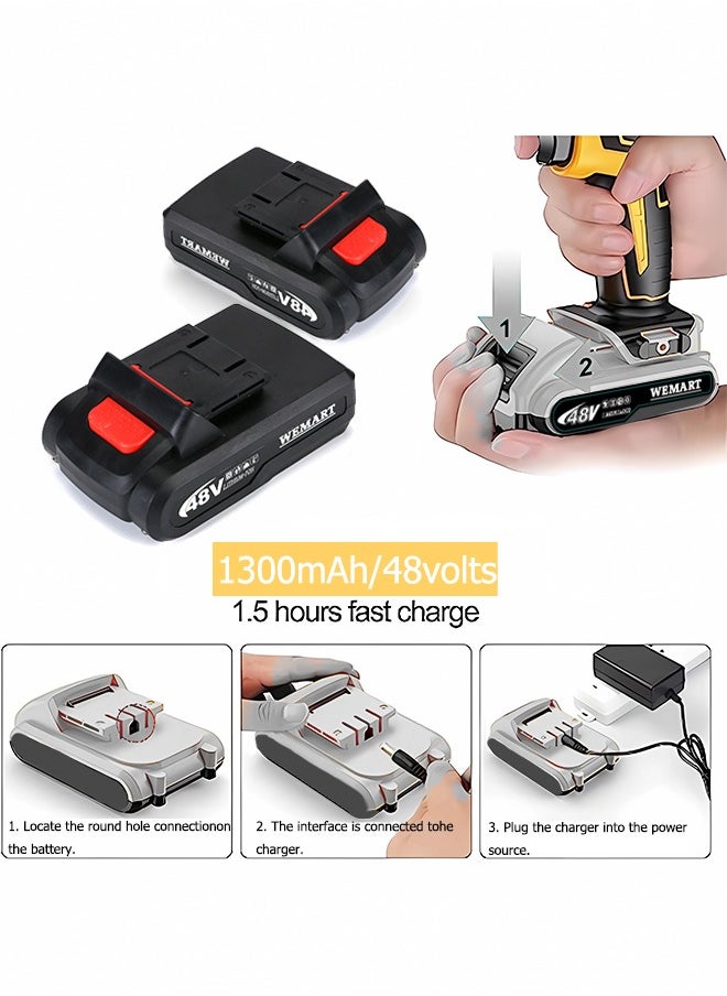 WEMART 48V Cordless Drill Power Supply, Cordless Drill with 2 Li-Ion Batteries and Charger, Variable Speed ​​Drill, Yellow  - Image 4