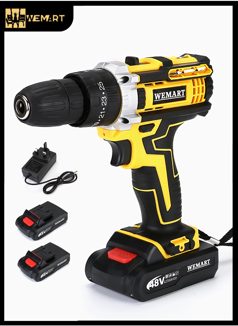 WEMART 48V Cordless Drill Power Supply, Cordless Drill with 2 Li-Ion Batteries and Charger, Variable Speed ​​Drill, Yellow  - Image 1