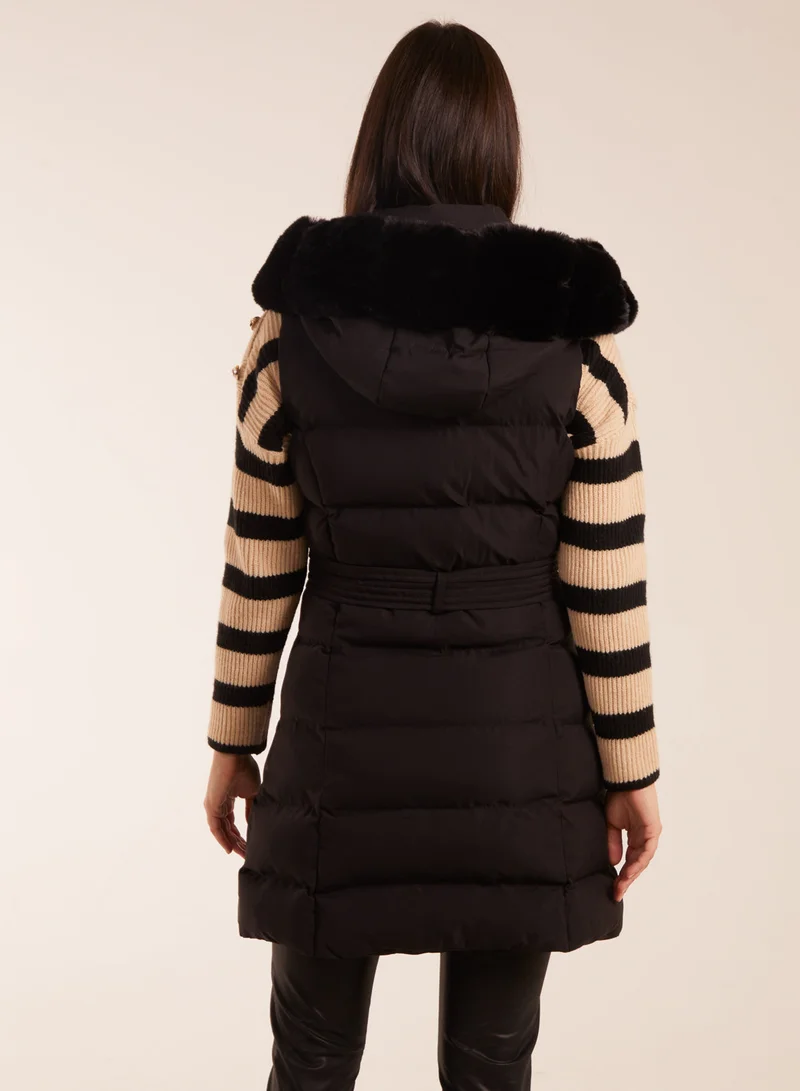 بلو فانيلا Faux Fur Detail Belted Gilet