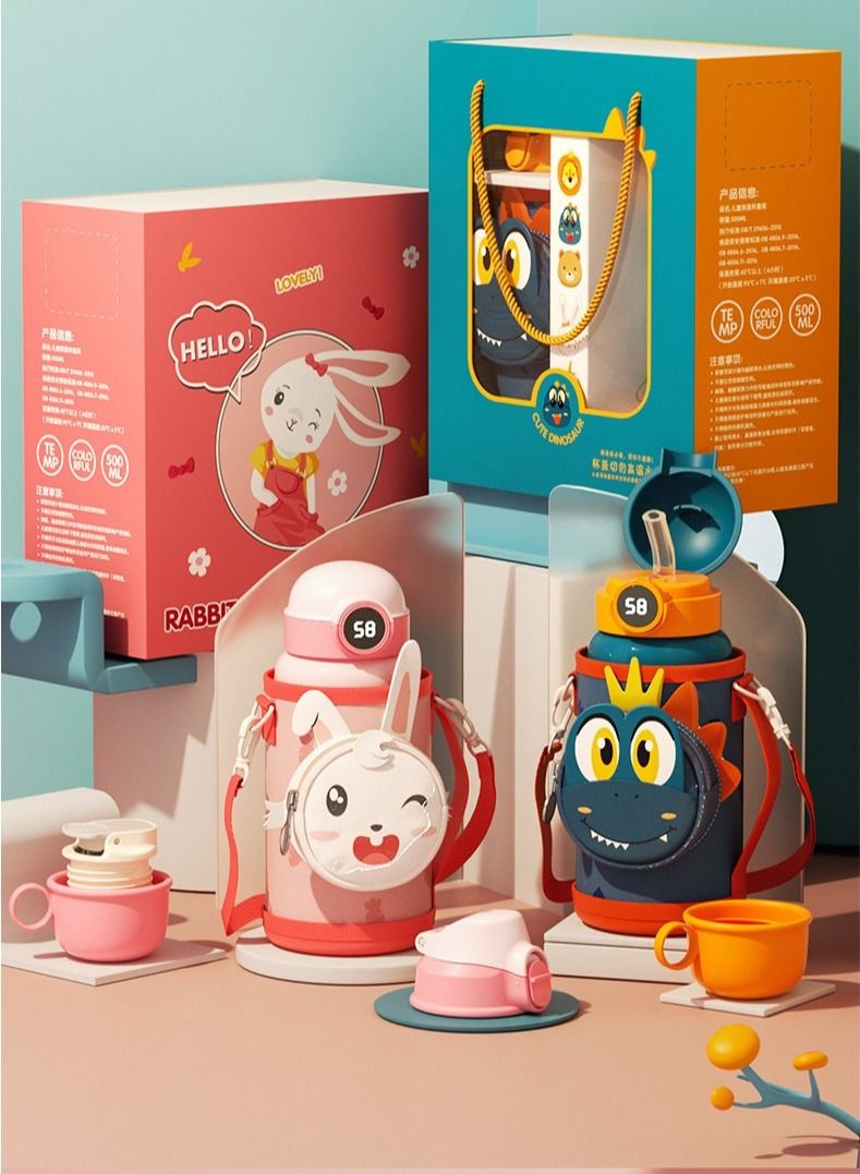 NIBEMINENT Smart Student Insulation 316 Stainless Steel Multi-layer Lid Antibacterial Children Water Cup 500ml With Straw Gift Box Set  - Image 3