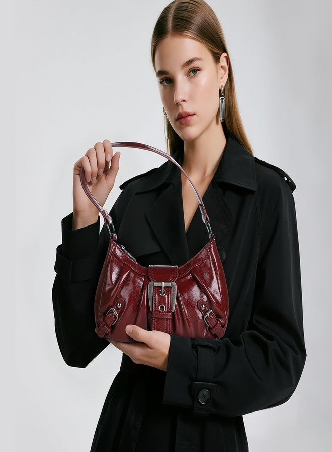 WantGor Women's Shoulder Bag Clutch Tote Bags Top Handle Purse Zipper Vintage Handbag Buckle Punk Hobo Purses Trendy Underarm Bag (Burgundy) - Image 2