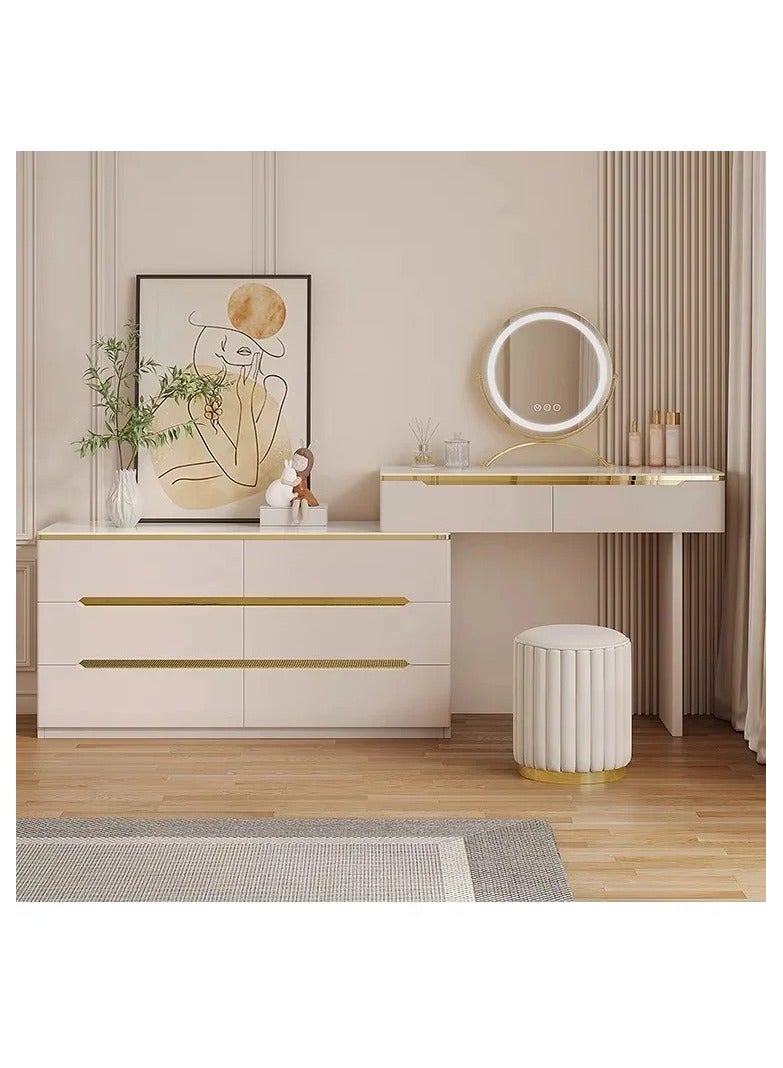 AWD Vanity Table with Mirror, Luxury Dressing Table with LED Mirror and Chair, Retractable Wooden Makeup Desk in White Gold Accents, 8 Drawer Storage Cabinet, Modern Makeup Desk for Bedroom  - Image 1