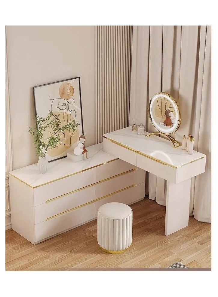 AWD Vanity Table with Mirror, Luxury Dressing Table with LED Mirror and Chair, Retractable Wooden Makeup Desk in White Gold Accents, 8 Drawer Storage Cabinet, Modern Makeup Desk for Bedroom  - Image 2