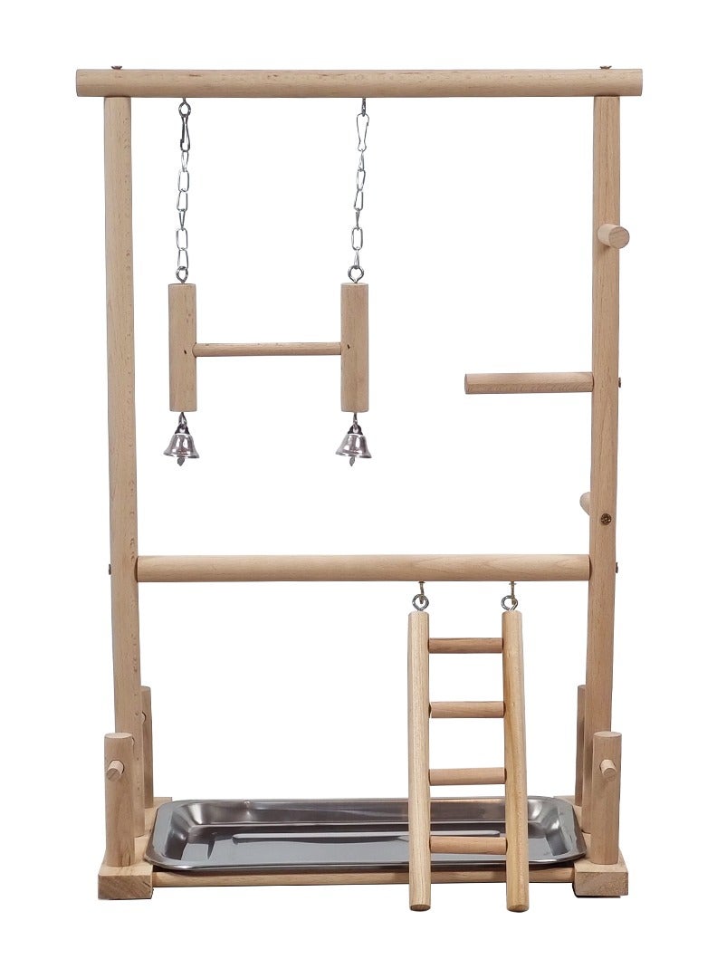 MAJIBAO Multi-level bird stand with Natural Wood, Bird play center with Ladder, Bell toy, and Tray, 57 cm bird stand Indoor Outdoor Use, Idea for Cockatiels, Parakeets and Small to Medium birds (Beige) - Image 1