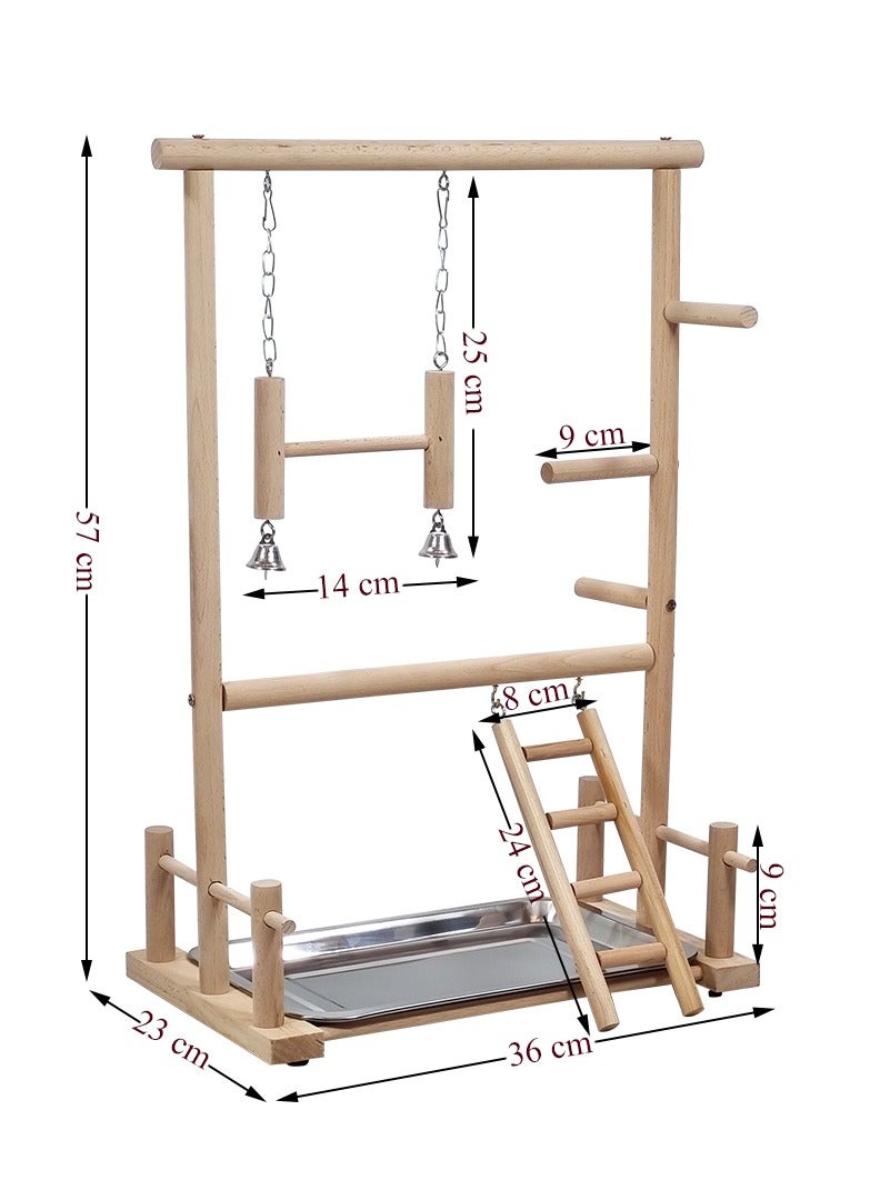 MAJIBAO Multi-level bird stand with Natural Wood, Bird play center with Ladder, Bell toy, and Tray, 57 cm bird stand Indoor Outdoor Use, Idea for Cockatiels, Parakeets and Small to Medium birds (Beige) - Image 2