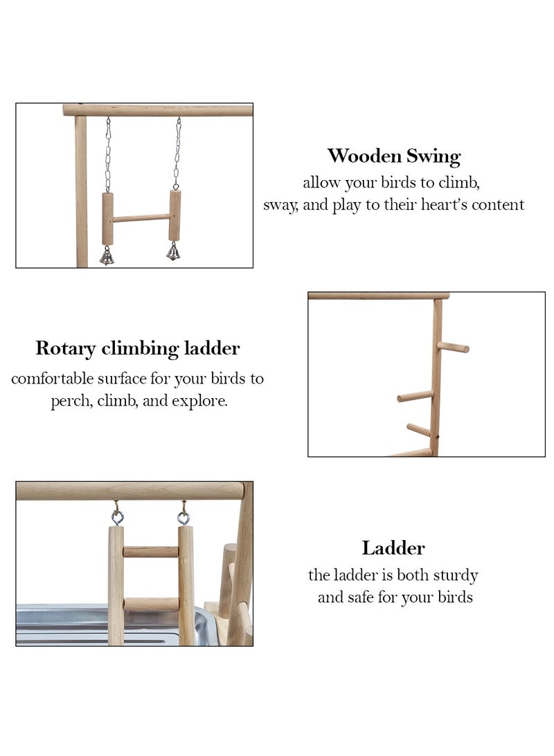 MAJIBAO Multi-level bird stand with Natural Wood, Bird play center with Ladder, Bell toy, and Tray, 57 cm bird stand Indoor Outdoor Use, Idea for Cockatiels, Parakeets and Small to Medium birds (Beige) - Image 3