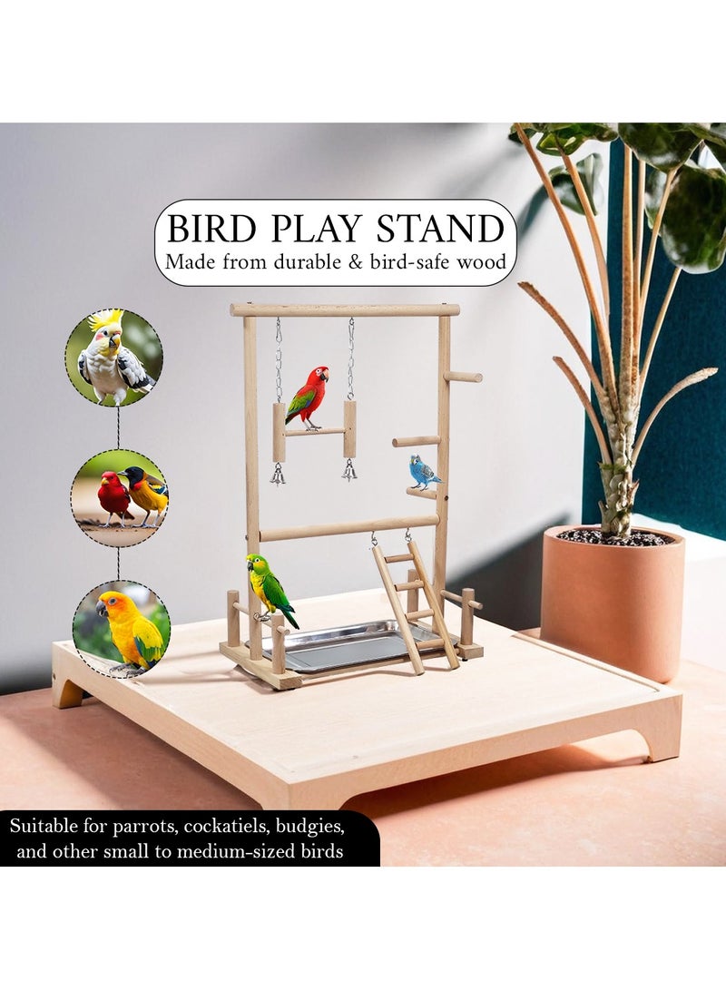 MAJIBAO Multi-level bird stand with Natural Wood, Bird play center with Ladder, Bell toy, and Tray, 57 cm bird stand Indoor Outdoor Use, Idea for Cockatiels, Parakeets and Small to Medium birds (Beige) - Image 5