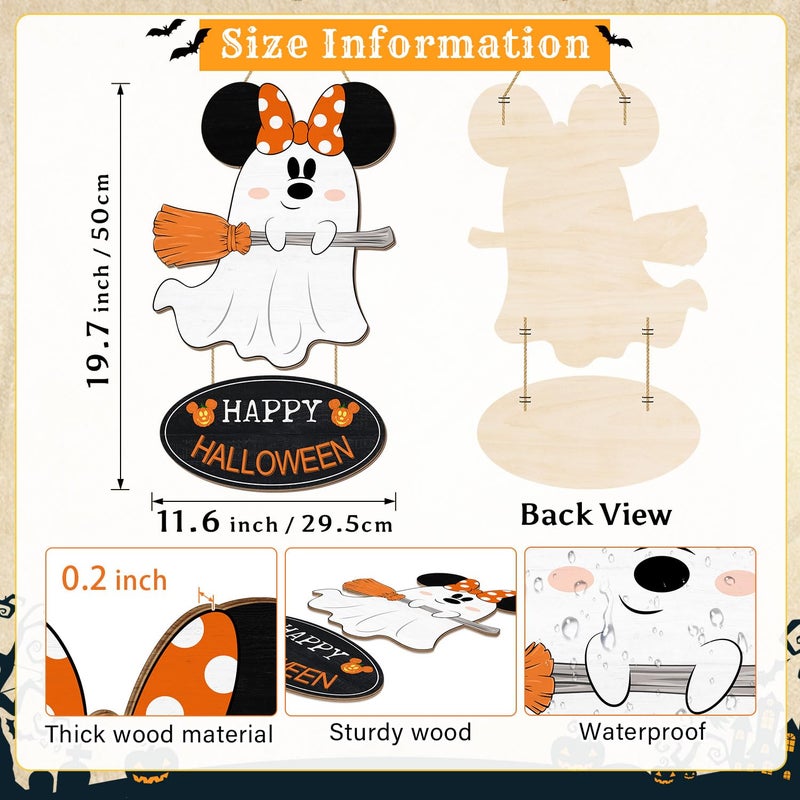 CIOEY Halloween Mouse Decorations  Halloween Mouse Ghost Wood Hanging Sign for Front Door  Happy Halloween Wooden Pumpkin Broom Signs for Home Wall Decor Large Size - Image 2