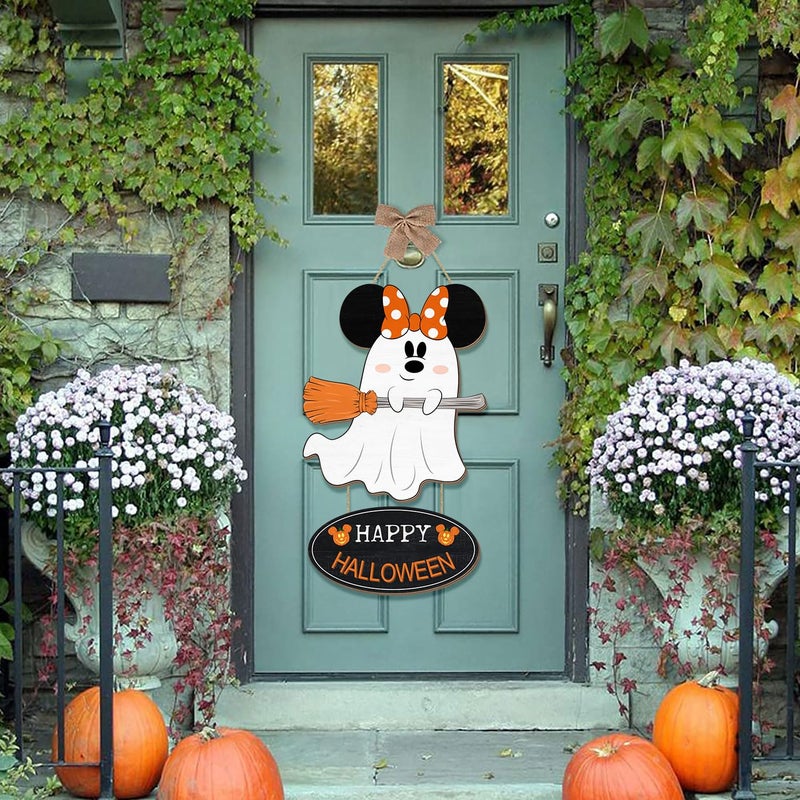 CIOEY Halloween Mouse Decorations  Halloween Mouse Ghost Wood Hanging Sign for Front Door  Happy Halloween Wooden Pumpkin Broom Signs for Home Wall Decor Large Size - Image 4