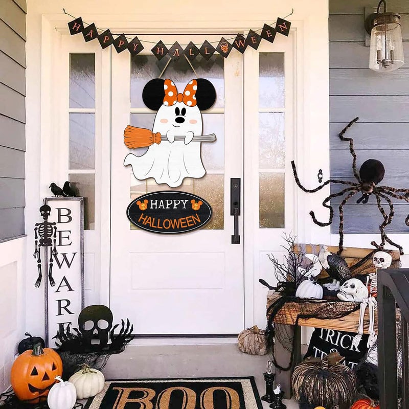 CIOEY Halloween Mouse Decorations  Halloween Mouse Ghost Wood Hanging Sign for Front Door  Happy Halloween Wooden Pumpkin Broom Signs for Home Wall Decor Large Size - Image 3