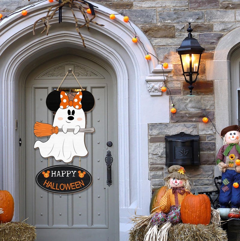 CIOEY Halloween Mouse Decorations  Halloween Mouse Ghost Wood Hanging Sign for Front Door  Happy Halloween Wooden Pumpkin Broom Signs for Home Wall Decor Large Size - Image 5