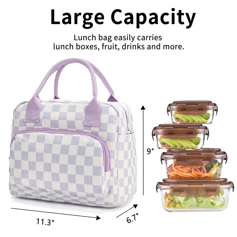OYLOLA Lunch Bag Women Lunch Box for Women Adult Cute Insulated Lunch Bag Lager Cooler Lunch Tote Bags for Work Picnic (Beige-Purple Plaid) - Image 3