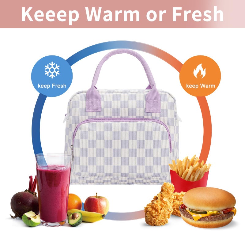 OYLOLA Lunch Bag Women Lunch Box for Women Adult Cute Insulated Lunch Bag Lager Cooler Lunch Tote Bags for Work Picnic (Beige-Purple Plaid) - Image 4
