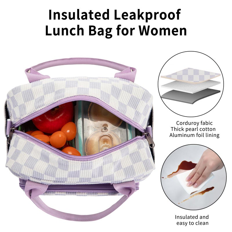 OYLOLA Lunch Bag Women Lunch Box for Women Adult Cute Insulated Lunch Bag Lager Cooler Lunch Tote Bags for Work Picnic (Beige-Purple Plaid) - Image 5