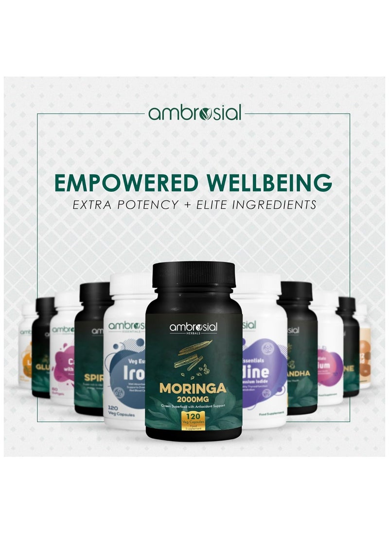 Ambrosial Premium Organic Moringa Capsules 2000MG - High Strength Antioxidant Superfood Supplement for Energy and Wellness - 120 Veg Capsules