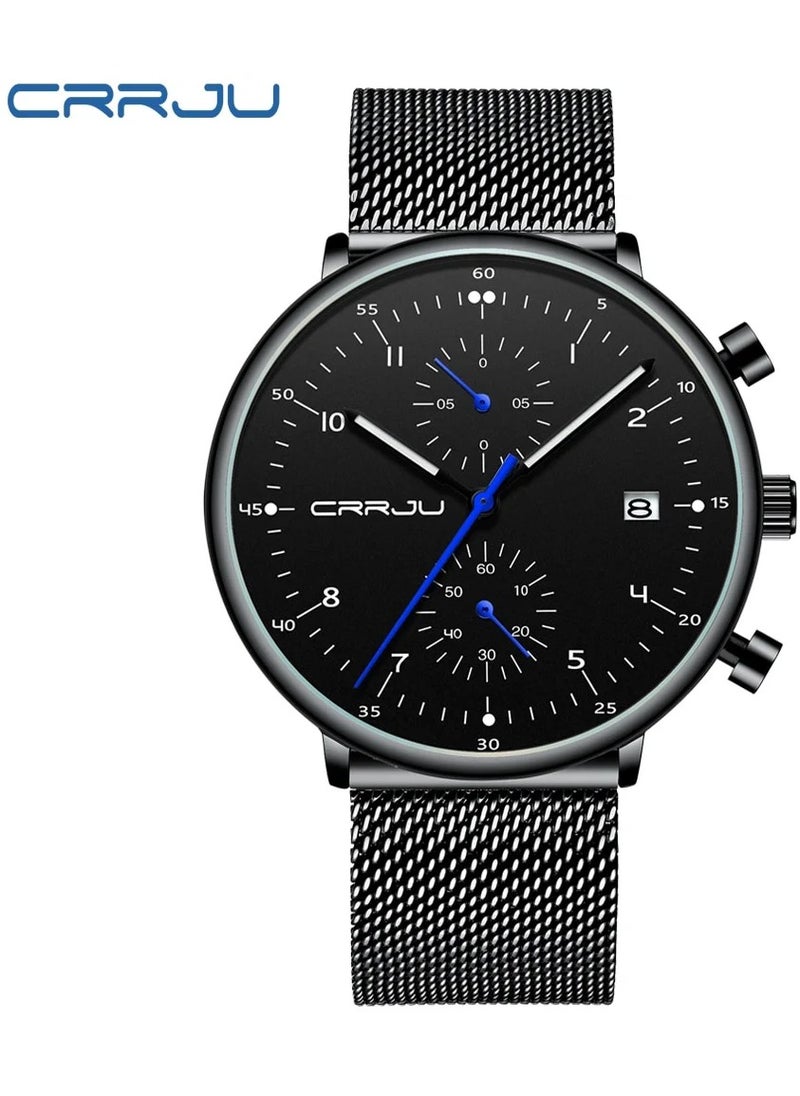 CRRJU Men’s Luxury Chronograph Watch – Stainless Steel Mesh, Waterproof, Date Display – Relogio Masculino 224K  - Image 1