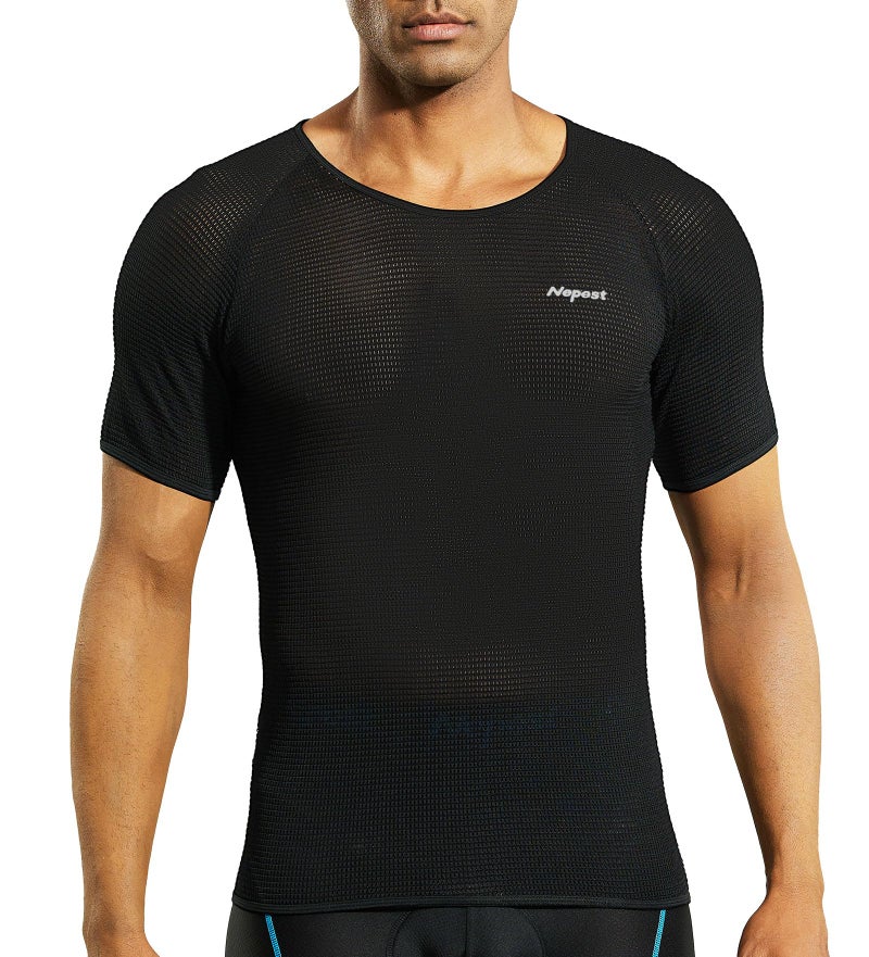 Nepest Men's Short Sleeve Biking Base Layer, Breathable Mesh Cycling Jerseys Bicycle Tops Ultralight Bike Baselayer Undershirt Sports Lightweight Quick Dry Black,L - Image 1