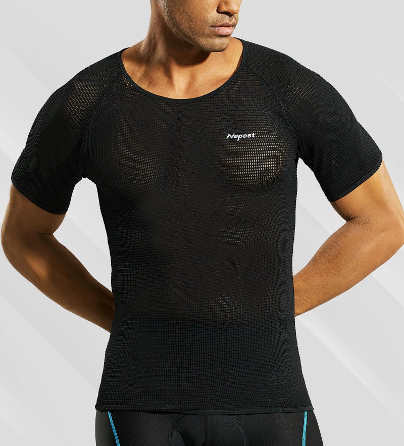 Nepest Men's Short Sleeve Biking Base Layer, Breathable Mesh Cycling Jerseys Bicycle Tops Ultralight Bike Baselayer Undershirt Sports Lightweight Quick Dry Black,L - Image 2