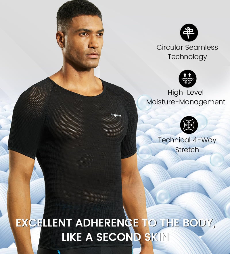 Nepest Men's Short Sleeve Biking Base Layer, Breathable Mesh Cycling Jerseys Bicycle Tops Ultralight Bike Baselayer Undershirt Sports Lightweight Quick Dry Black,L - Image 5