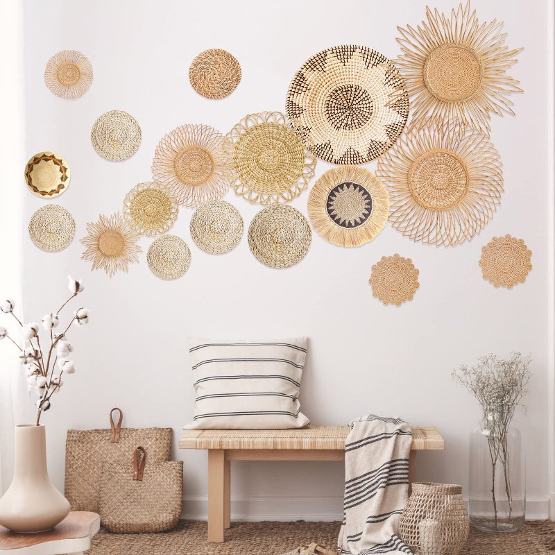 Glenmal 18 Pcs Boho Basket Wall Decals Round Wall Sticker Modern Decor Peel and Stick Decor Sticker Removable Boho Stickers Rustic Art for Bedroom Office Stickers OnlyStylish Style