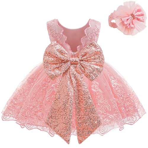 LZH Baby Girls Lace Embroidery Dress Bowknot Party Dress Bridesmaid Wedding Gown with Headwear Pink Sequin - Image 1