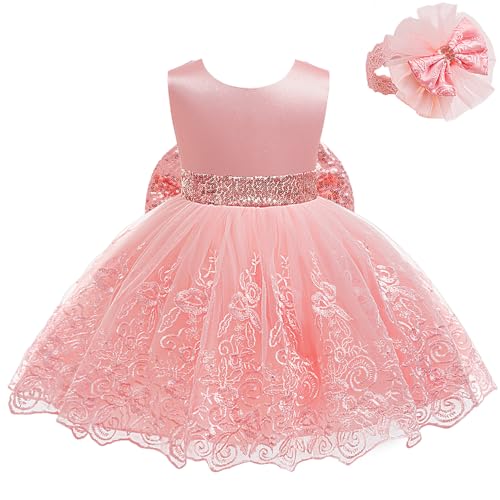 LZH Baby Girls Lace Embroidery Dress Bowknot Party Dress Bridesmaid Wedding Gown with Headwear Pink Sequin - Image 5