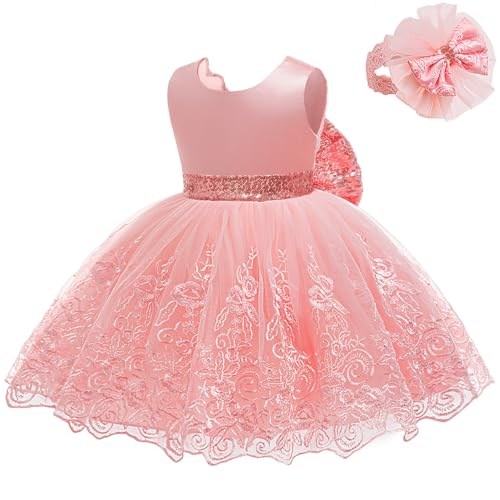 LZH Baby Girls Lace Embroidery Dress Bowknot Party Dress Bridesmaid Wedding Gown with Headwear Pink Sequin - Image 4