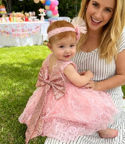 LZH Baby Girls Lace Embroidery Dress Bowknot Party Dress Bridesmaid Wedding Gown with Headwear Pink Sequin - Image 2