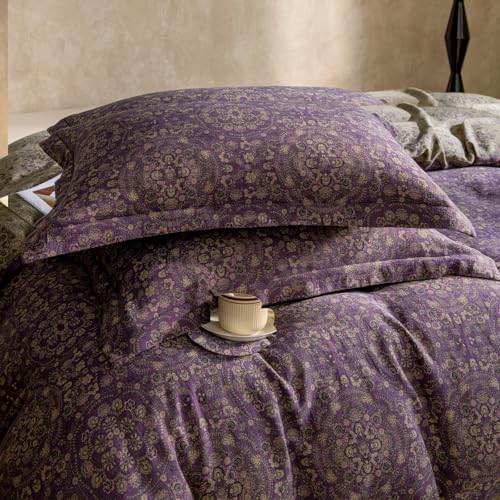 mixinni Purple Green Floral Duvet Cover King Size, Elegant Double-Layer Yarn Premium Cotton Vintage Duvet Cover Set, Exquisite Jacquard Design Bedding Set with 2 Pillowcases Perfect for Him and Her - Image 5